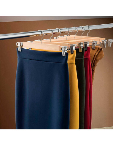 Tradineur - Pack de 3 perchas de madera con pinzas metálicas para pantalones, perchas para ropa, faldas, ahorro de espacio, anti