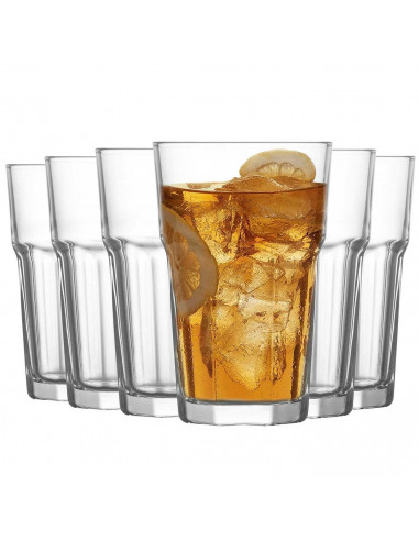 Tradineur - Set de 6 vasos altos de cristal "Aras", clásicos, base gruesa, resistentes, aptos para lavavajillas, refrescos, agua
