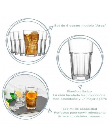 Tradineur - Set de 6 vasos altos de cristal "Aras", clásicos, base gruesa, resistentes, aptos para lavavajillas, refrescos, agua