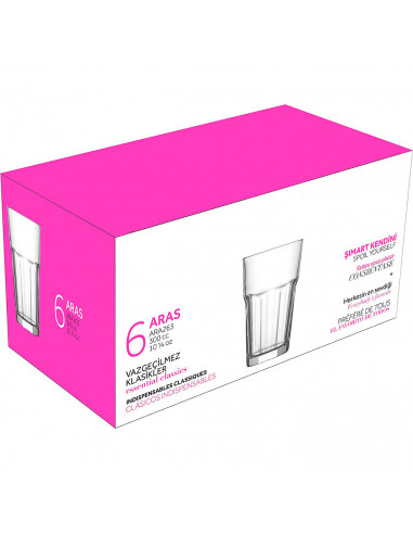 Tradineur - Set de 6 vasos altos de cristal "Aras", clásicos, base gruesa, resistentes, aptos para lavavajillas, refrescos, agua