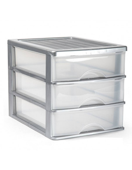 Tradineur - Cajonera de sobremesa 3 cajones de color plata de 26,8 x 27 x 35,5 cm, Cajonera plástico 3 cajones para mesa multius Tradineur - Cajonera de sobremesa 3 cajones de color plata de 26,8 x 27 x 35,5 cm, Cajonera plástico 3 cajones para mesa multius