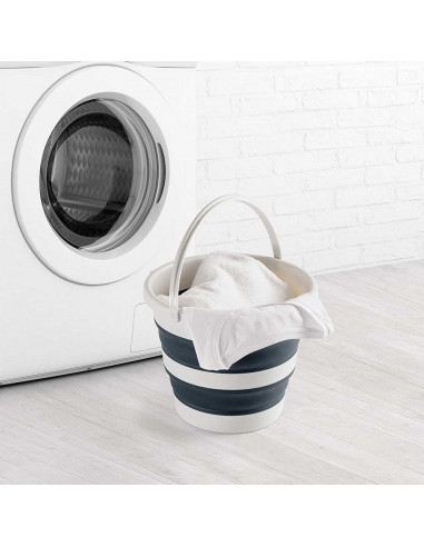 Tradineur - Cubo plegable con asa, polipropileno y caucho, ahorro de espacio, labores de limpieza, lavado, hogar (Blanco y gris