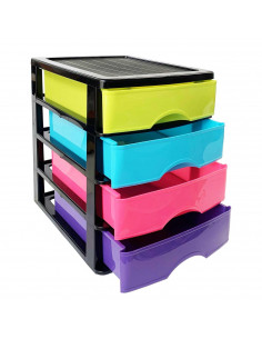 Tradineur - Cajonera de sobremesa 4 cajones de color surtido de 35 x 27 x 35,5 cm, Cajonera plástico 4 cajones para mesa multius