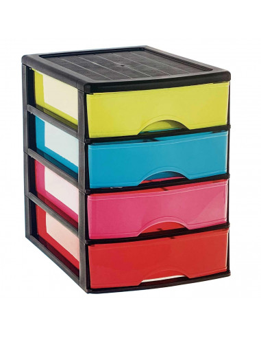 Tradineur - Cajonera de sobremesa 4 cajones de color surtido de 35 x 27 x 35,5 cm, Cajonera plástico 4 cajones para mesa multius