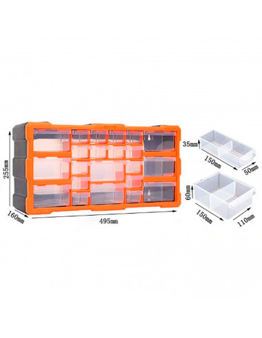 Tradineur - Caja organizadora de herramientas, multiclasificador con 22 cajones dobles transparentes, plástico, modulo, estante