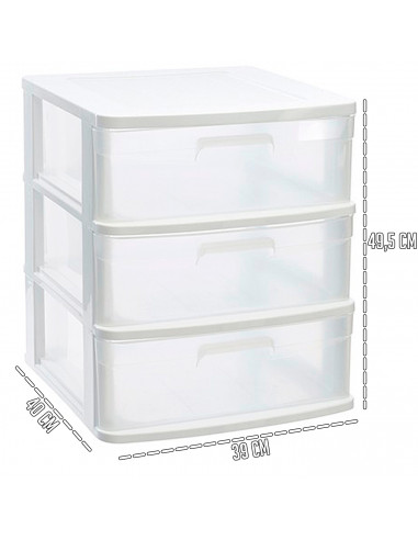 Tradineur - Cajonera sena 3 cajones, plástico blanco, 40 x 39 x 49,5 cm, torre de almacenaje, cajones opacos, organizador auxili