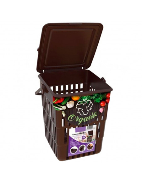 Tradineur - Cesta aireada "Bio" con tapa y asa, contenedor de polipropileno para restos orgánicos, frutas y verduras (Marrón - 1