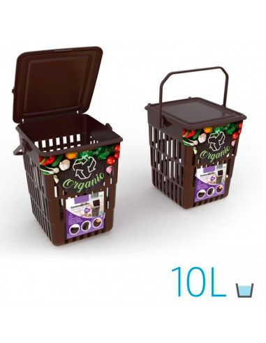 Tradineur - Cesta aireada "Bio" con tapa y asa, contenedor de polipropileno para restos orgánicos, frutas y verduras (Marrón - 1