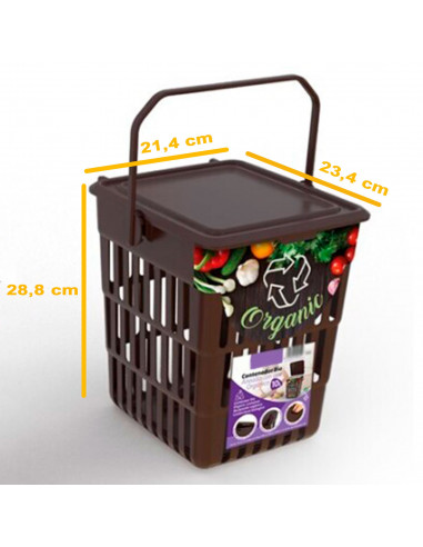Tradineur - Cesta aireada "Bio" con tapa y asa, contenedor de polipropileno para restos orgánicos, frutas y verduras (Marrón - 1