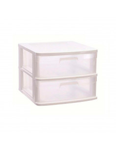Tradineur - Cajonera sena 2 cajones, plástico blanco, 40 x 39 x 33,5 cm, torre de almacenaje, cajones opacos, organizador auxili