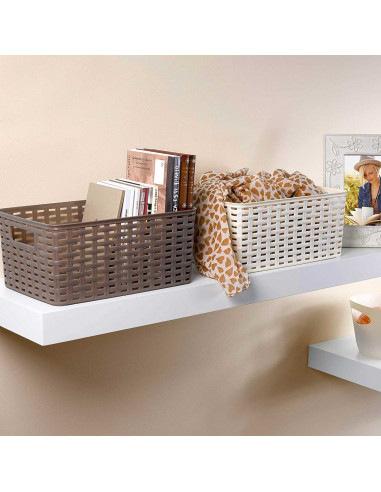 Tradineur - Cesta organizadora rectangular "Rattan" de polipropileno, caja con asas, almacenamiento de ropa, productos de limpie