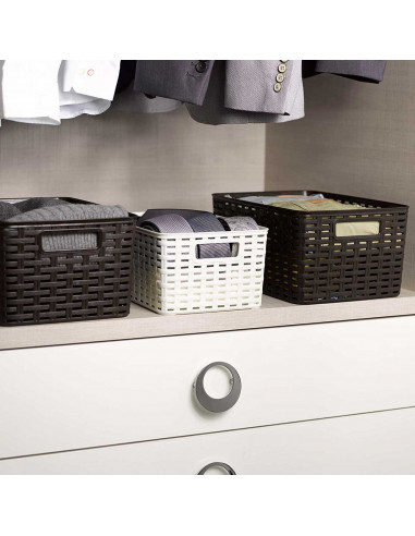 Tradineur - Cesta organizadora rectangular "Rattan" de polipropileno, caja con asas, almacenamiento de ropa, productos de limpie