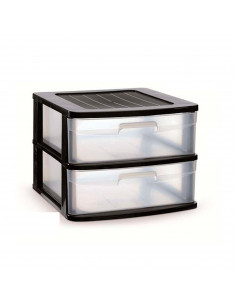 Tradineur - Cajonera sena 2 cajones, plástico negro, 40 x 39 x 33,5 cm, torre de almacenaje, cajones opacos, organizador auxilia