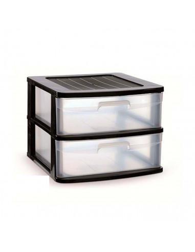 Tradineur - Cajonera sena 2 cajones, plástico negro, 40 x 39 x 33,5 cm, torre de almacenaje, cajones opacos, organizador auxilia