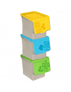 Tradineur - Pack de 3 contenedores apilables, polipropileno, cubos de basura, almacenamiento de residuos, fácil apertura, recicl