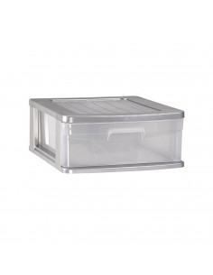 Tradineur - Cajonera sena 1 cajón, plástico, gris plata, 17,5 x 39 x 40 cm, cajón de almacenaje transparente, organizador auxili