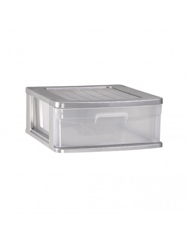 Tradineur - Cajonera sena 1 cajón, plástico, gris plata, 17,5 x 39 x 40 cm, cajón de almacenaje transparente, organizador auxili
