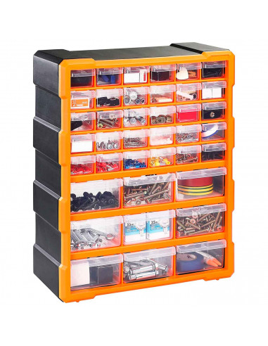 Tradineur - Caja organizadora de herramientas, multiclasificador con 39 cajones dobles transparentes, plástico, modulo, estante