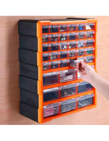 Tradineur - Caja organizadora de herramientas, multiclasificador con 39 cajones dobles transparentes, plástico, modulo, estante