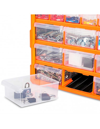 Tradineur - Caja organizadora de herramientas, multiclasificador con 39 cajones dobles transparentes, plástico, modulo, estante
