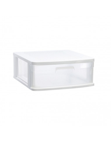 Tradineur - Cajonera sena 1 cajón, plástico blanco, 17,5 x 39 x 40 cm, cajón de almacenaje opaco, organizador auxiliar multiusos