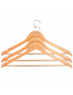 Tradineur - Pack de 3 perchas de madera con barra y gancho metálico rotatorio 360º, perchas para abrigos, chaquetas, trajes, pan