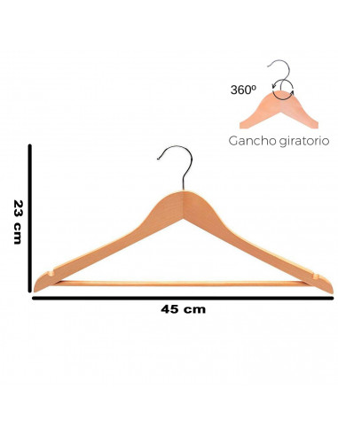 Tradineur - Pack de 3 perchas de madera con barra y gancho metálico rotatorio 360º, perchas para abrigos, chaquetas, trajes, pan