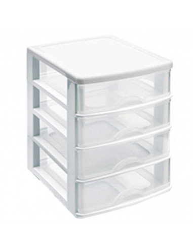 Tradineur - Cajonera de sobremesa 4 cajones de color blanco de 35,3 x 26,5 x 35,3 cm, Cajonera plástico 4 cajones para mesa mult