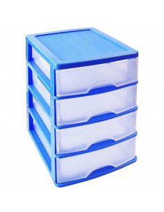 Tradineur - Cajonera de sobremesa 4 cajones de color azul de 35 x 27 x 35 cm, Cajonera plástico 4 cajones para mesa multiusos pa