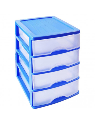 Tradineur - Cajonera de sobremesa 4 cajones de color azul de 35 x 27 x 35 cm, Cajonera plástico 4 cajones para mesa multiusos pa