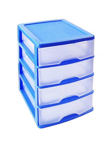 Tradineur - Cajonera de sobremesa 4 cajones de color azul de 35 x 27 x 35 cm, Cajonera plástico 4 cajones para mesa multiusos pa Tradineur - Cajonera de sobremesa 4 cajones de color azul de 35 x 27 x 35 cm, Cajonera plástico 4 cajones para mesa multiusos pa