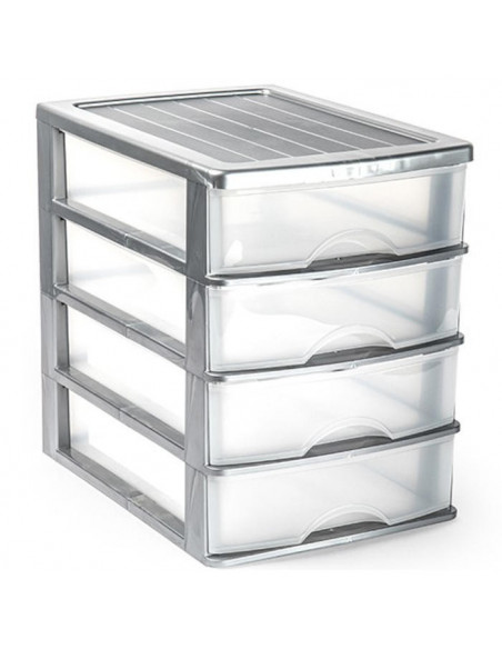 Tradineur - Cajonera de sobremesa 4 cajones de color plata de 35,3 x 26,5 x 35,3 cm, Cajonera plástico 4 cajones para mesa multi Tradineur - Cajonera de sobremesa 4 cajones de color plata de 35,3 x 26,5 x 35,3 cm, Cajonera plástico 4 cajones para mesa multi