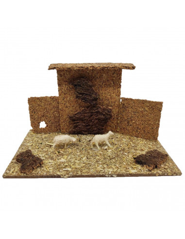 Tradineur - Corral de corcho con animales de resina para Belén, adorno, granja para nacimiento, pesebre, Navidad, decoración tra
