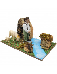 Tradineur - Meón con río y corderos para Belén, resina y corcho, pixaner decorativo para nacimiento, pesebre, Navidad, adorno di