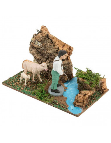 Tradineur - Meón con río y corderos para Belén, resina y corcho, pixaner decorativo para nacimiento, pesebre, Navidad, adorno di