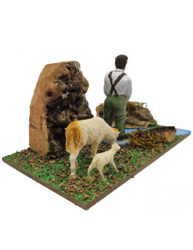 Tradineur - Meón con río y corderos para Belén, resina y corcho, pixaner decorativo para nacimiento, pesebre, Navidad, adorno di