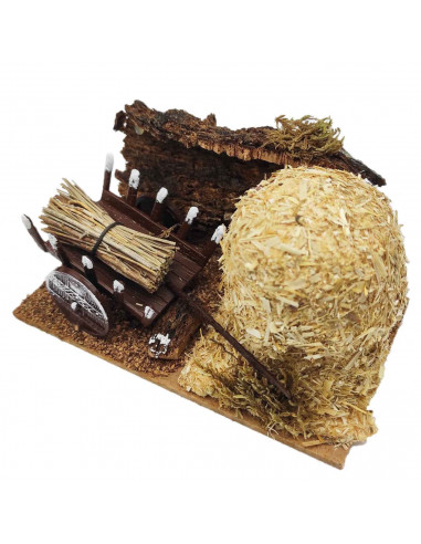 Tradineur - Pajar con carro para Belén, resina y corcho, figura decorativa para nacimiento, pesebre, Navidad, adorno tradicional