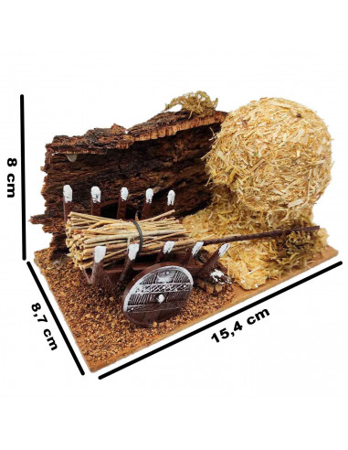 Tradineur - Pajar con carro para Belén, resina y corcho, figura decorativa para nacimiento, pesebre, Navidad, adorno tradicional