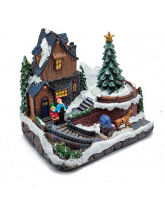 Tradineur - Casa navideña decorativa con luces LED - Fabricado en resina - casita de navidad nevada con figuras a pilas - 15 x 1