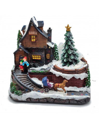 Tradineur - Casa navideña decorativa con luces LED - Fabricado en resina - casita de navidad nevada con figuras a pilas - 15 x 1