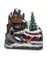 Tradineur - Casa navideña decorativa con luces LED - Fabricado en resina - casita de navidad nevada con figuras a pilas - 15 x 1