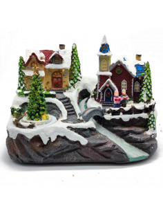 Tradineur - Casa nevada con río navideña decorativa con luces LED - Fabricado en resina - casita de navidad nevada con figuras a