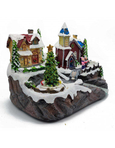 Tradineur - Casa nevada con río navideña decorativa con luces LED - Fabricado en resina - casita de navidad nevada con figuras a