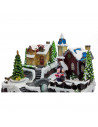 Tradineur - Casa nevada con río navideña decorativa con luces LED - Fabricado en resina - casita de navidad nevada con figuras a
