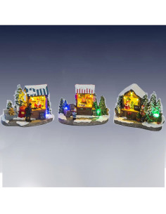 Tradineur - Paisaje navideño decorativo con luces LED - Fabricado en resina - casita de navidad nevada con figuras a pilas - 10