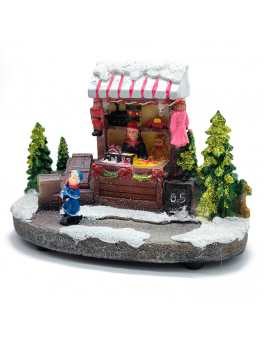 Tradineur - Paisaje navideño decorativo con luces LED - Fabricado en resina - casita de navidad nevada con figuras a pilas - 10