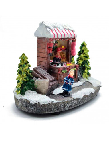 Tradineur - Paisaje navideño decorativo con luces LED - Fabricado en resina - casita de navidad nevada con figuras a pilas - 10