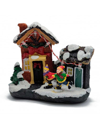Tradineur - Ciudad de Navidad con iluminación LED - Fabricado en resina - casita de navidad nevada con figuras a pilas - 10,5 x