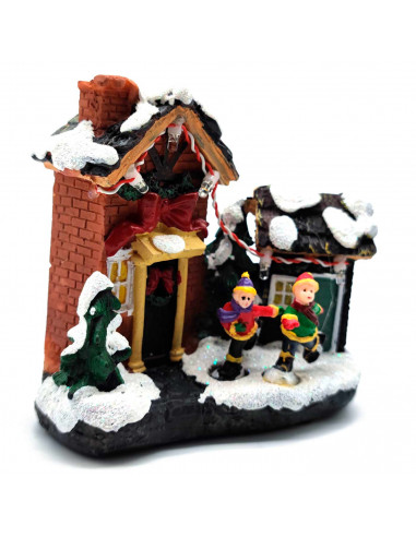 Tradineur - Ciudad de Navidad con iluminación LED - Fabricado en resina - casita de navidad nevada con figuras a pilas - 10,5 x