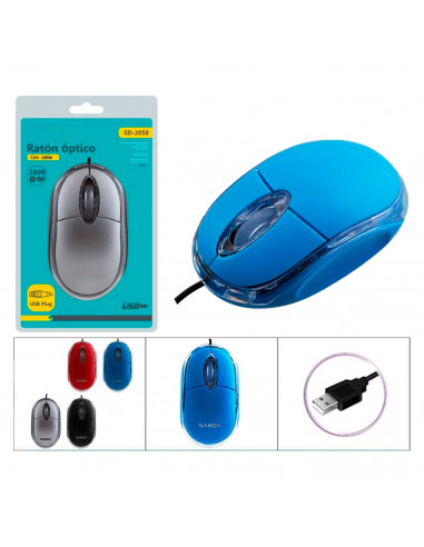 Tradineur - Ratón óptico con cable - 1600 DPI - Componentes informáticos para el ordenador - Plug & Play - USB 3.0/2.0/1.1 